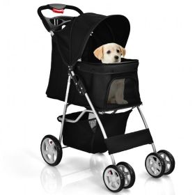 Foldable 4-Wheel Pet Stroller with Storage Basket (Color: Black)